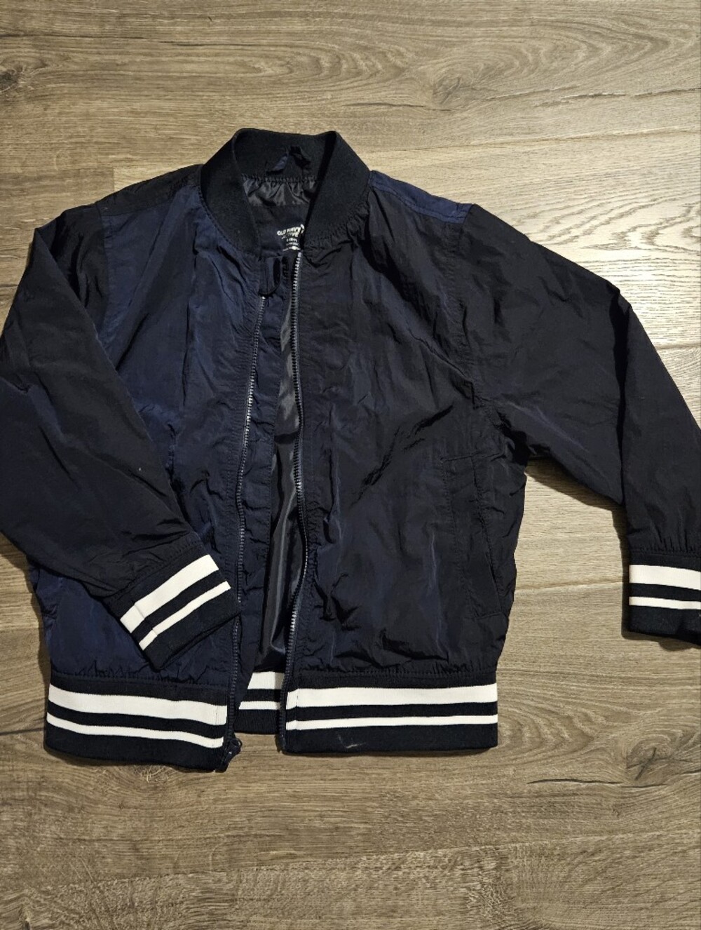Boys Navy Bomber Jacket with Stripe Cuffs